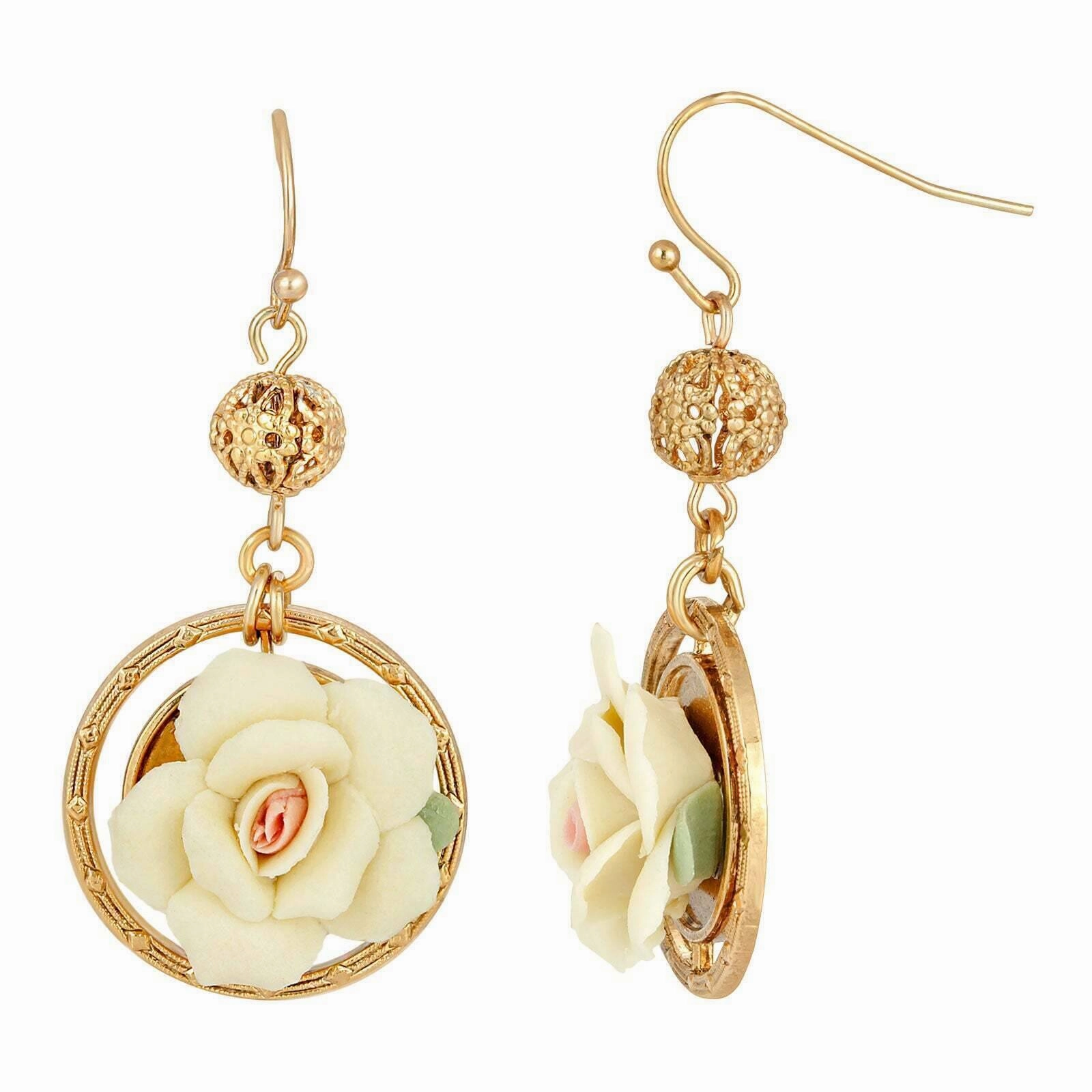 1928 Jewelry Porcelain Rose Filigree Bead Drop Earrings