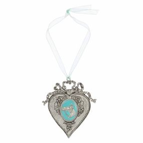 1928 Jewelry Turquoise Enamel Horsehead Oak Flower & Vine Aqua Blue Ribbon Heart Christmas Tree Ornament