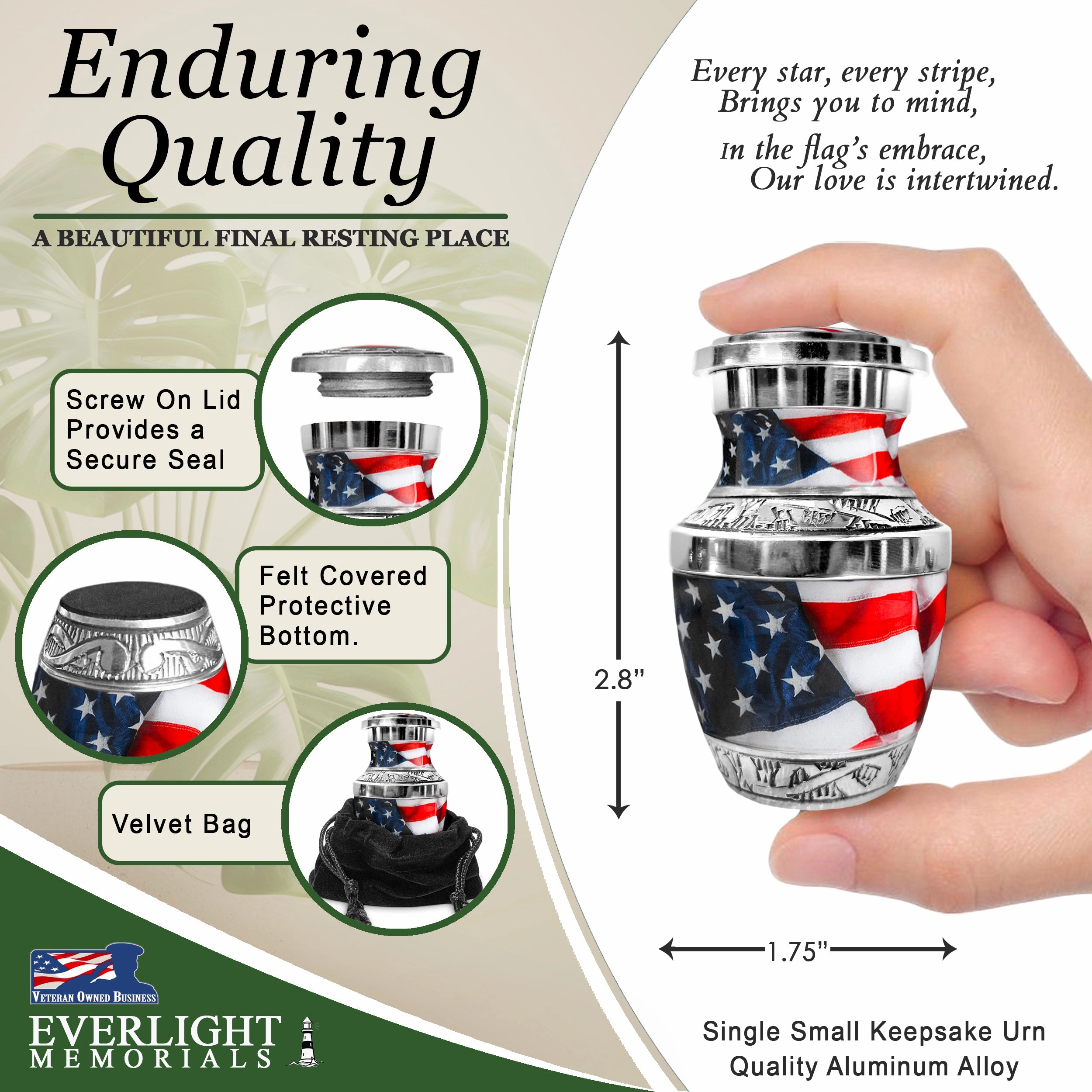 American Flag Keepsake Urn for Human Ashes – Small Memorial Urn for a Man or Woman – A Patriotic Tribute Held Close