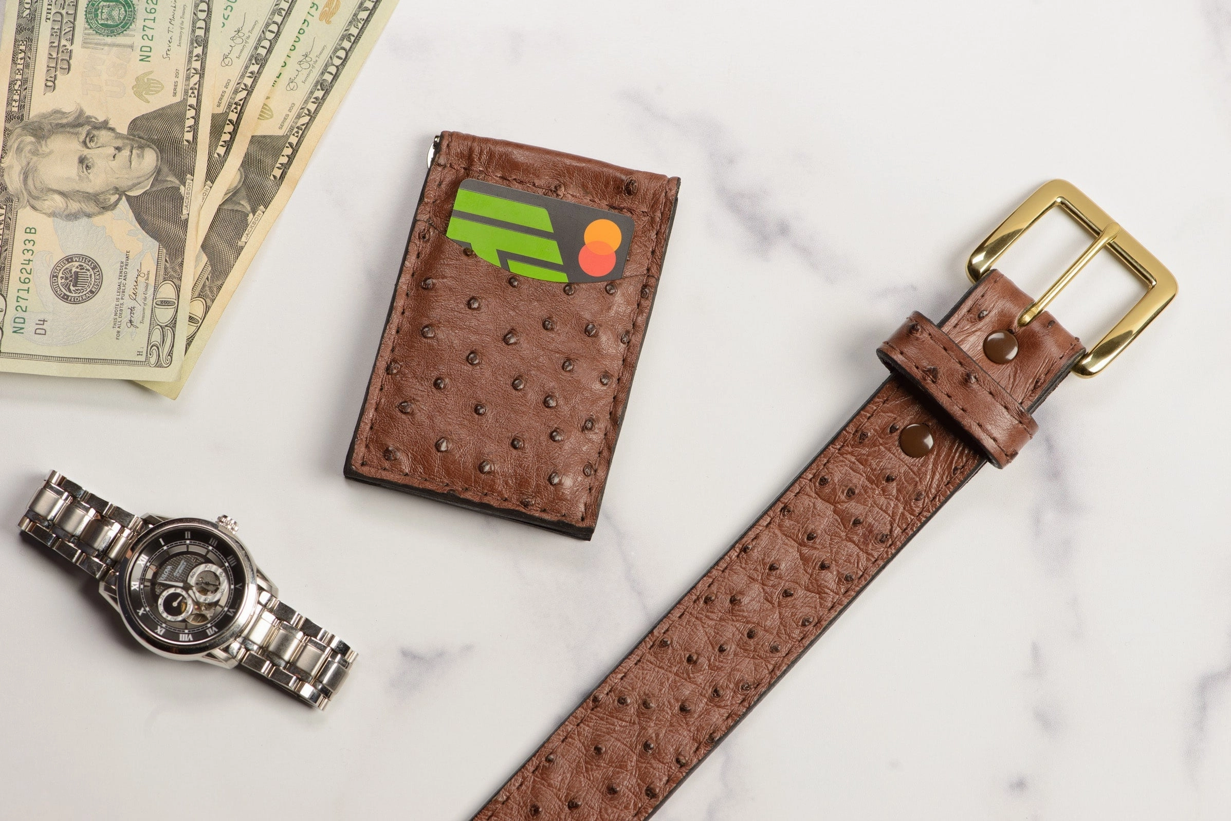 Brown Ostrich Bifold Slim Profile Wallet With Money Clip