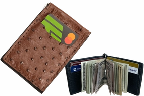 Brown Ostrich Bifold Slim Profile Wallet With Money Clip