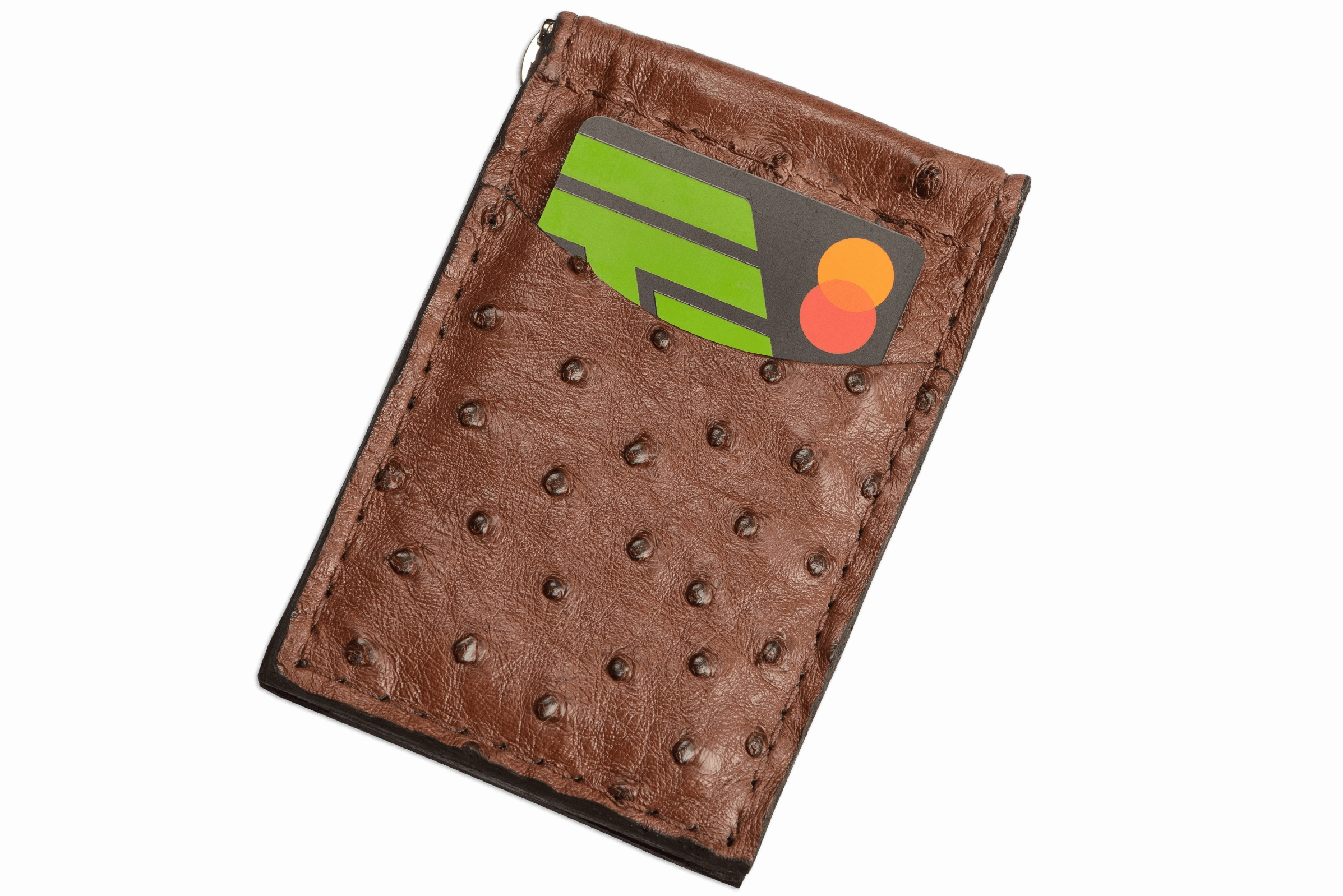 Brown Ostrich Bifold Slim Profile Wallet With Money Clip