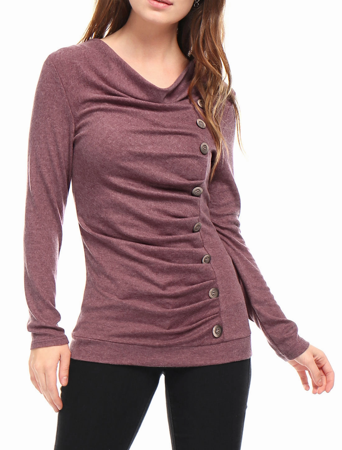 Cowl Neck Long Sleeve Button Decor Ruched Tunic