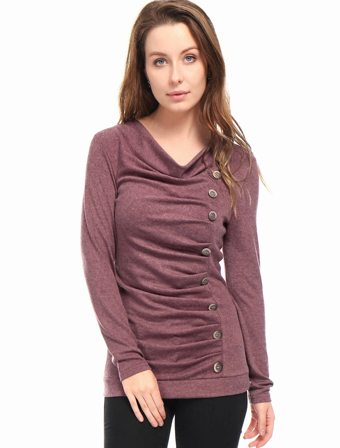 Cowl Neck Long Sleeve Button Decor Ruched Tunic