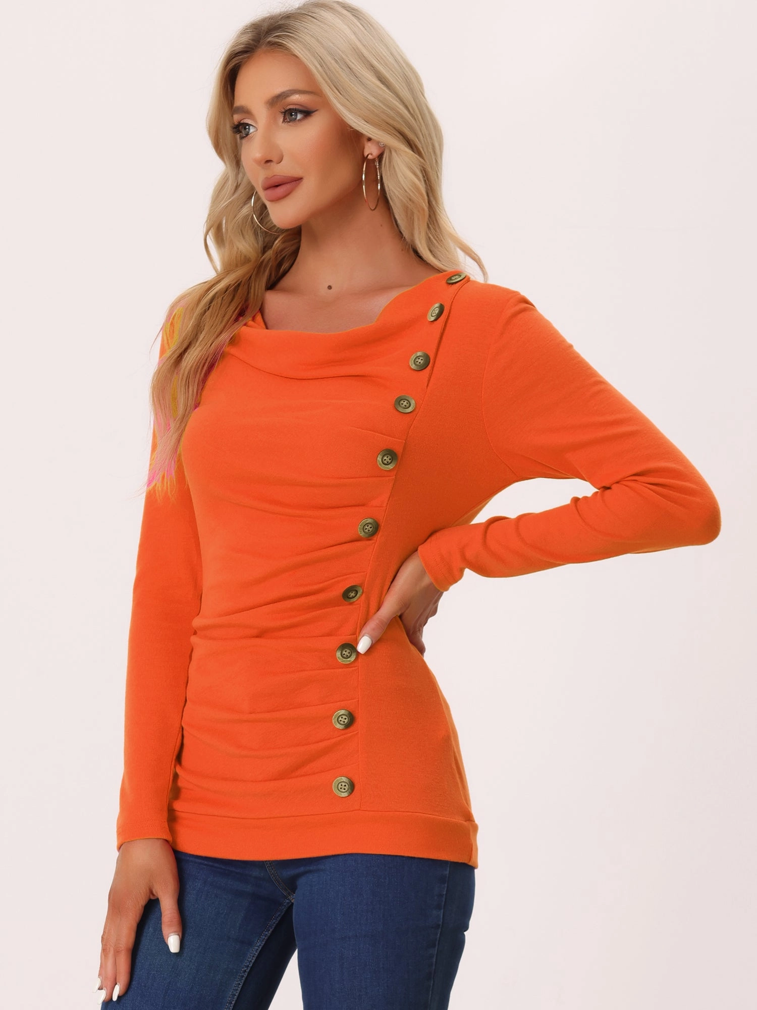 Cowl Neck Long Sleeve Button Decor Ruched Tunic