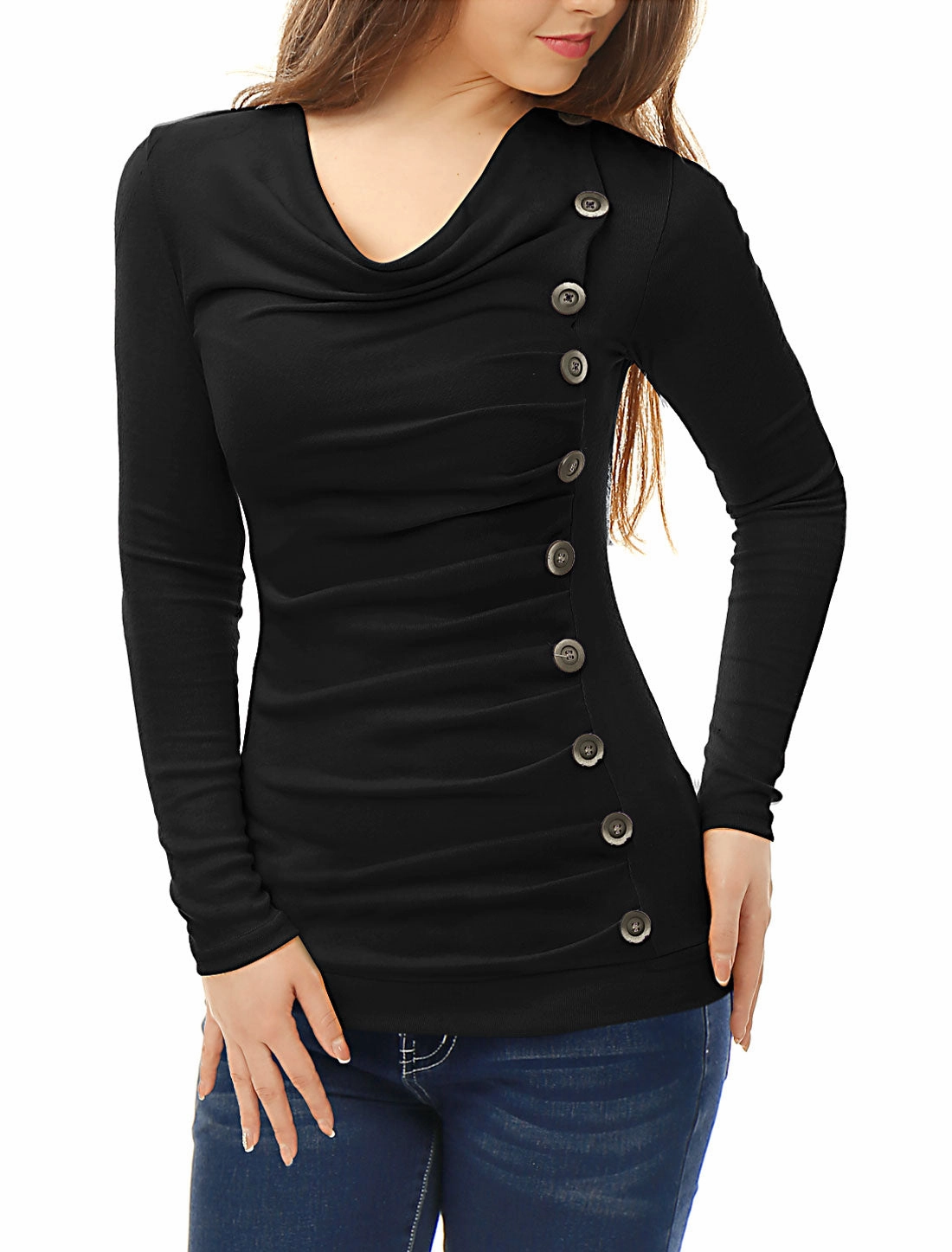 Cowl Neck Long Sleeve Button Decor Ruched Tunic