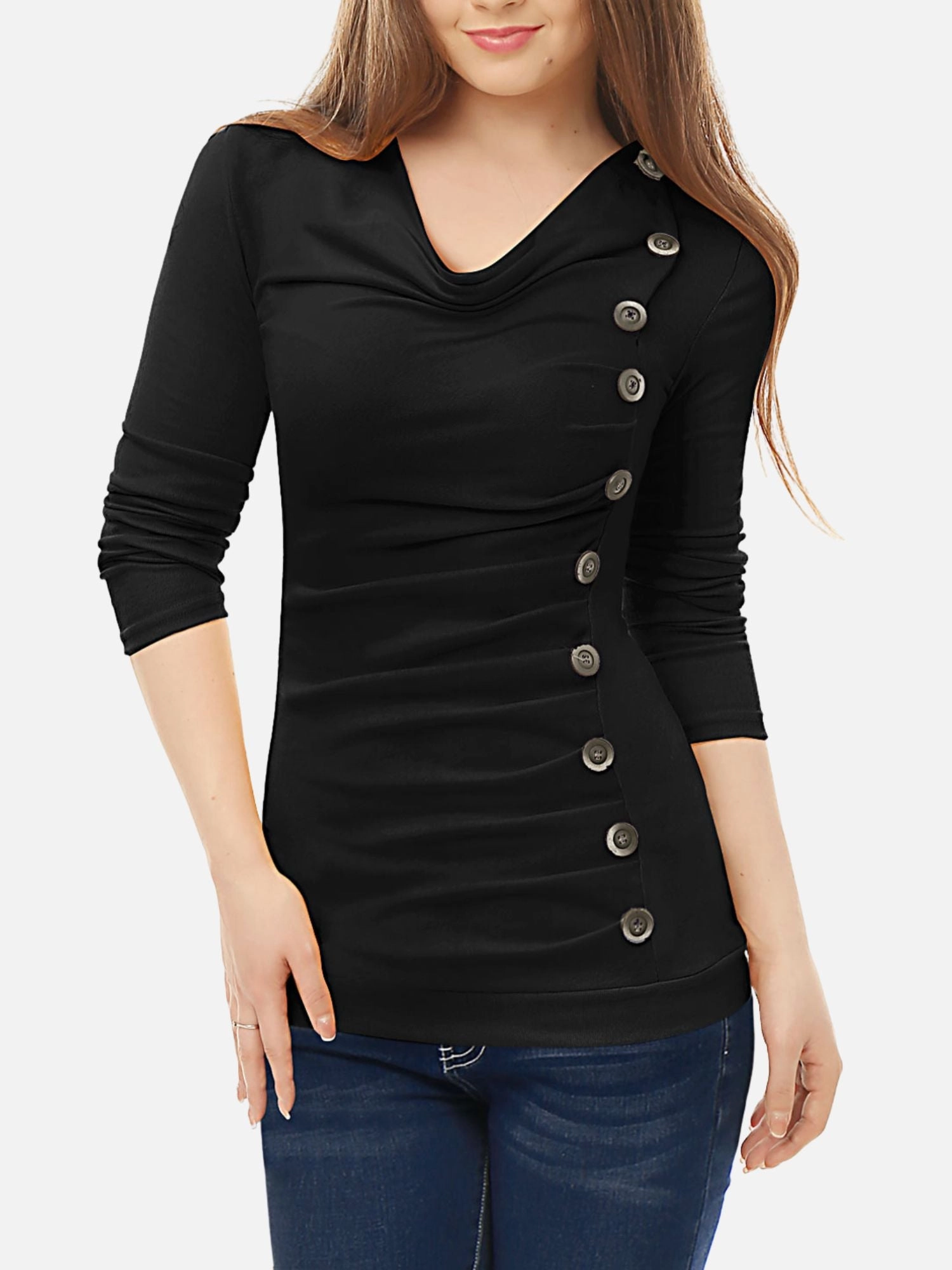 Cowl Neck Long Sleeve Button Decor Ruched Tunic