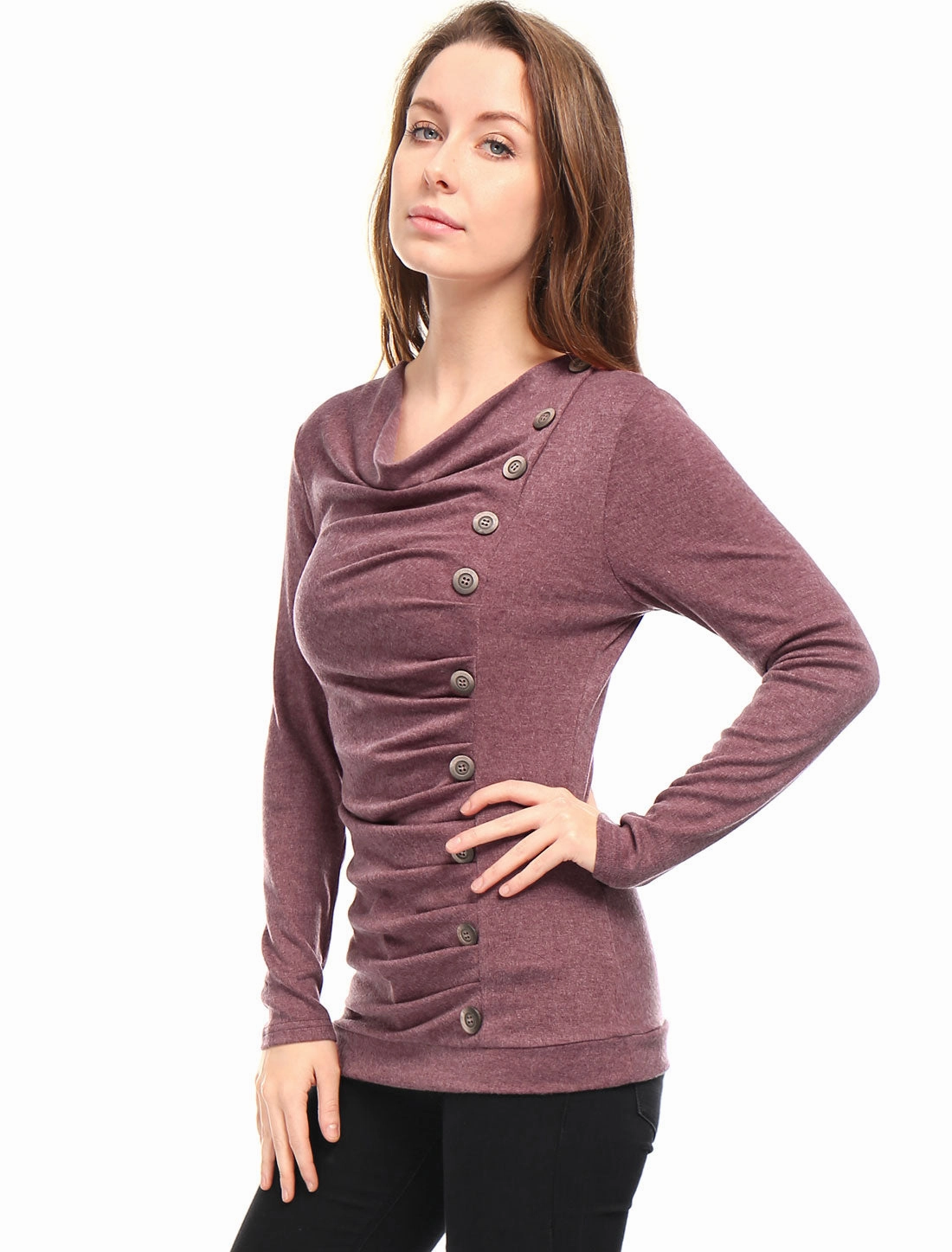 Cowl Neck Long Sleeve Button Decor Ruched Tunic