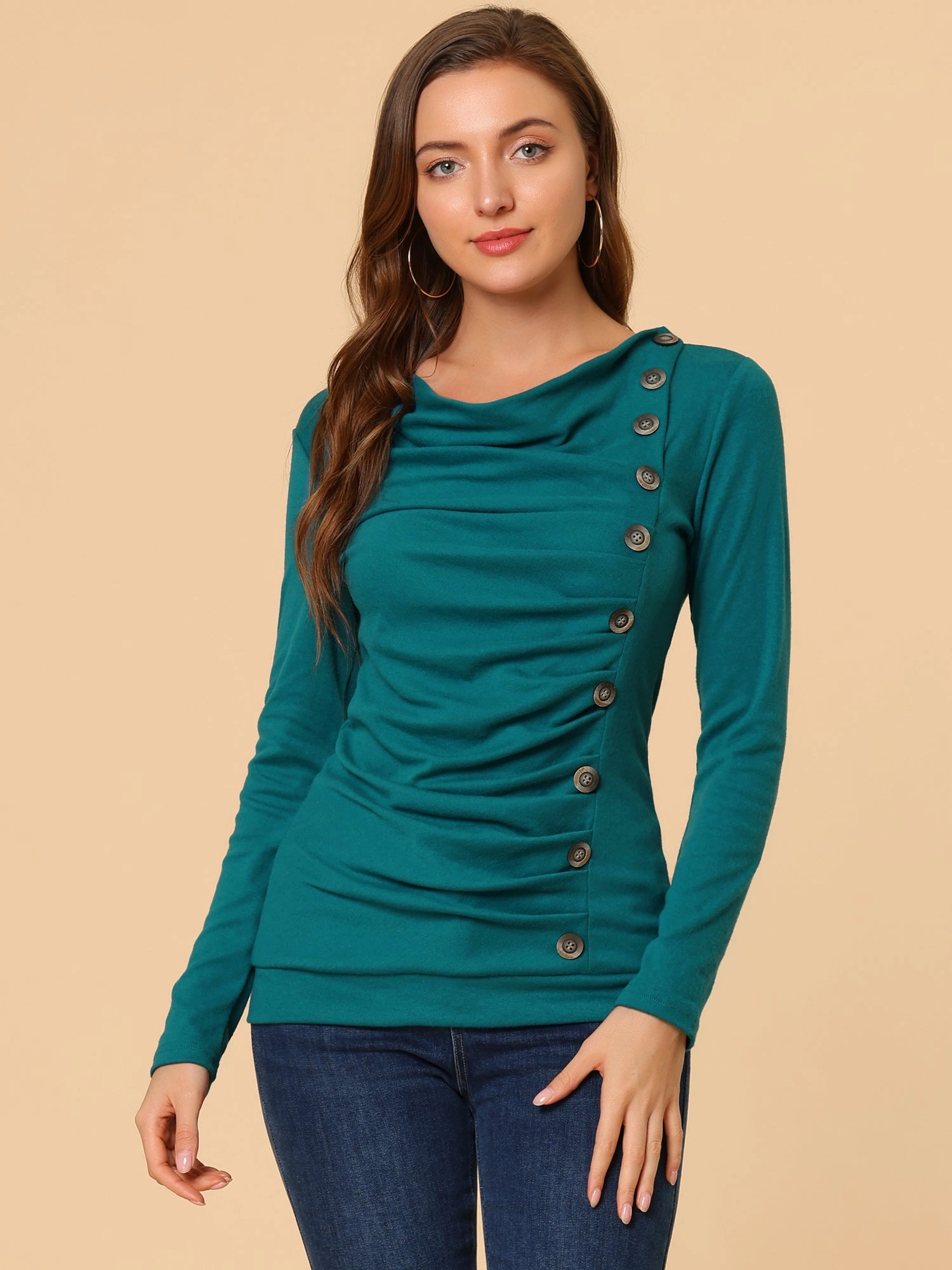 Cowl Neck Long Sleeve Button Decor Ruched Tunic