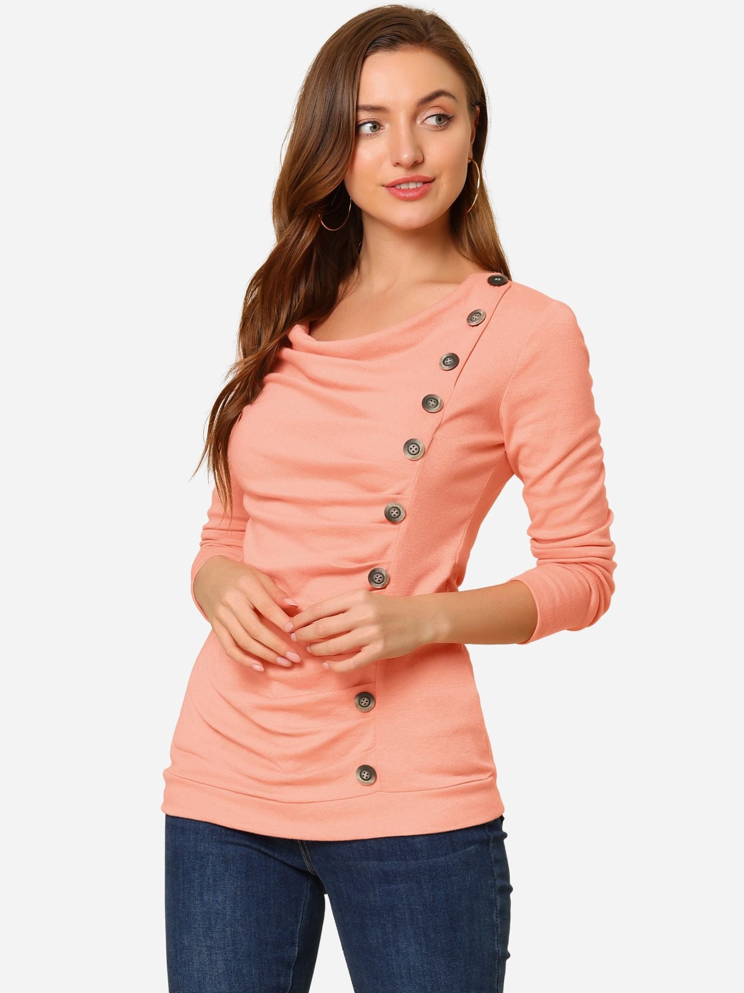 Cowl Neck Long Sleeve Button Decor Ruched Tunic