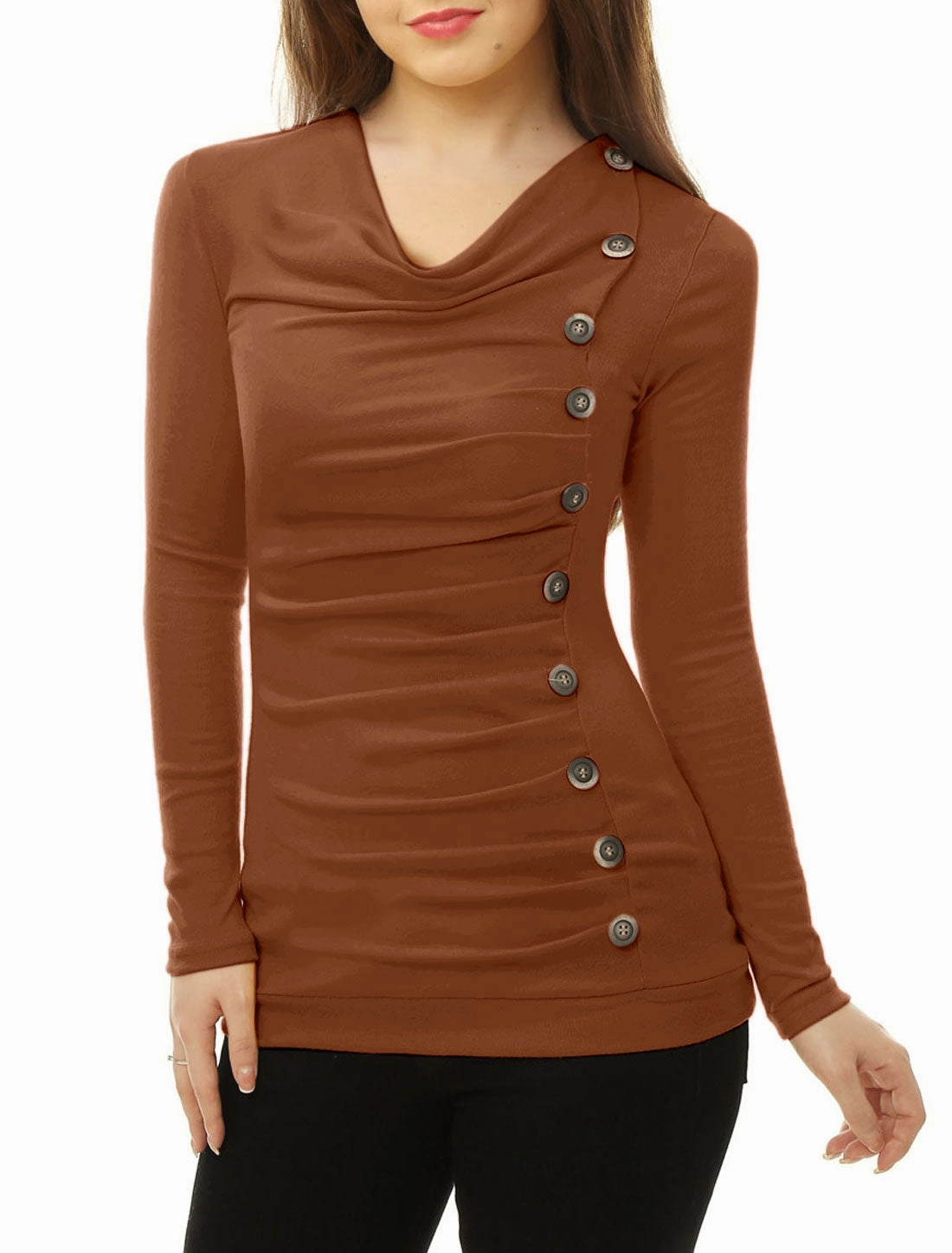 Cowl Neck Long Sleeve Button Decor Ruched Tunic