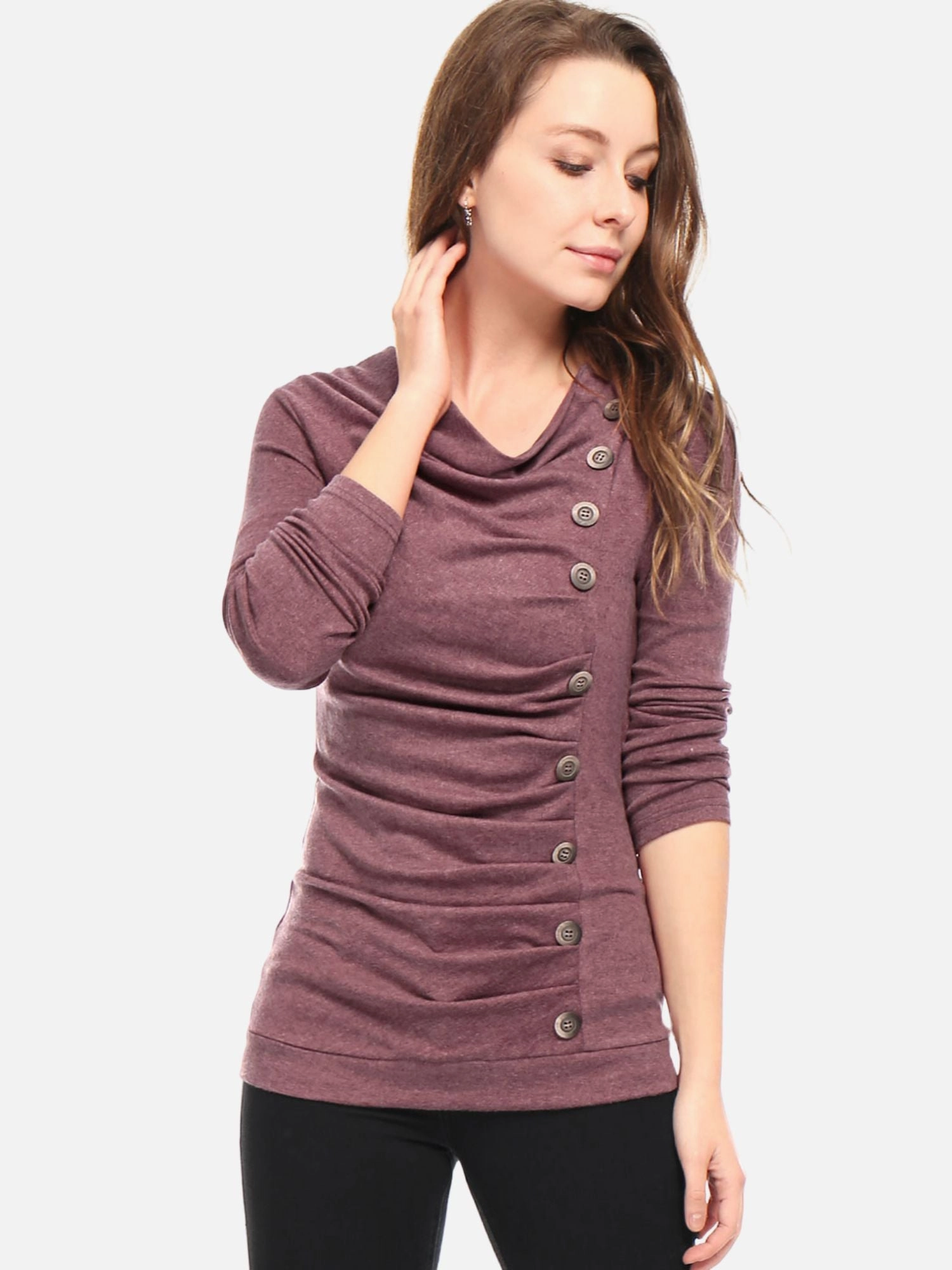 Cowl Neck Long Sleeve Button Decor Ruched Tunic