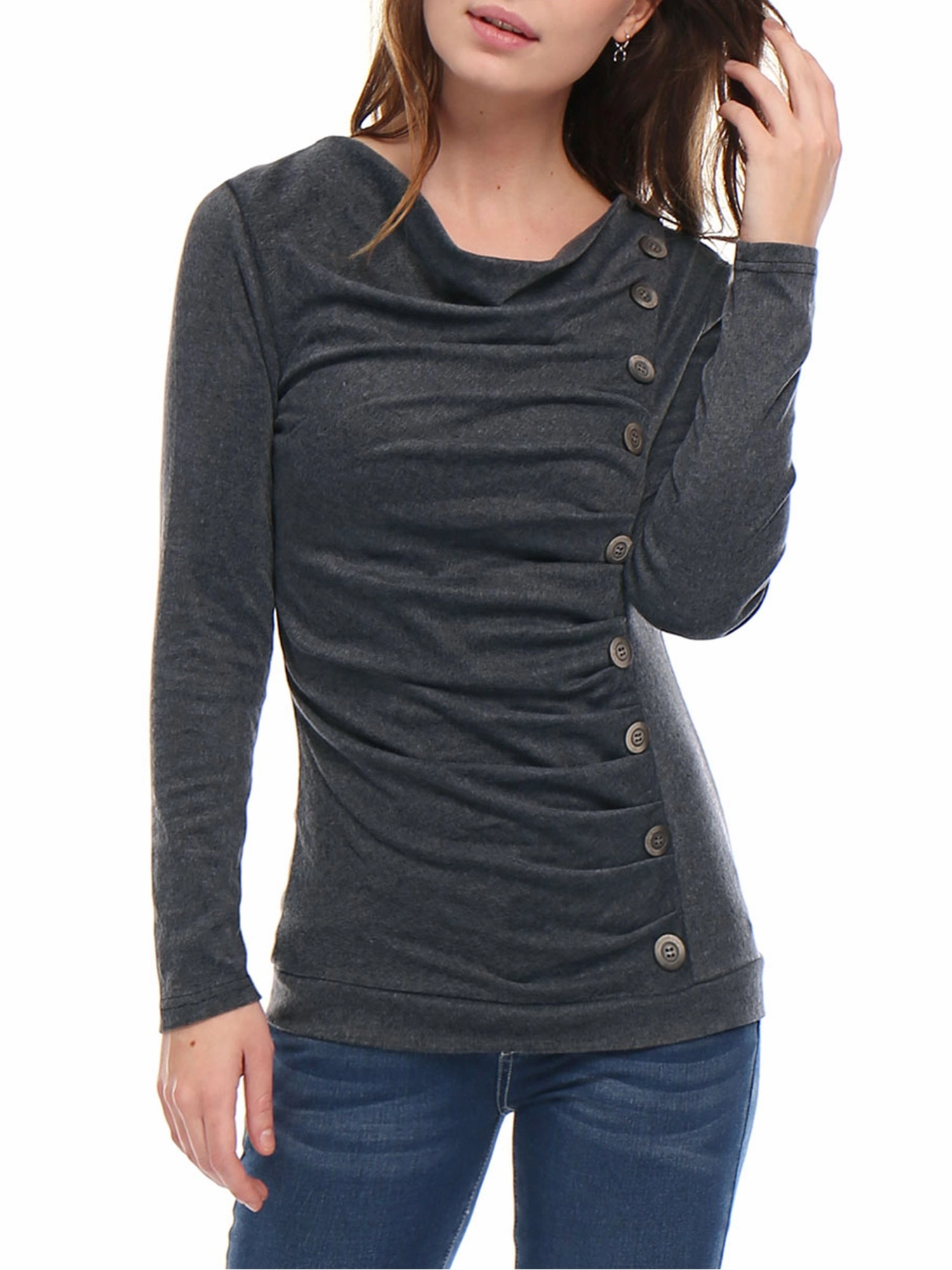 Cowl Neck Long Sleeve Button Decor Ruched Tunic