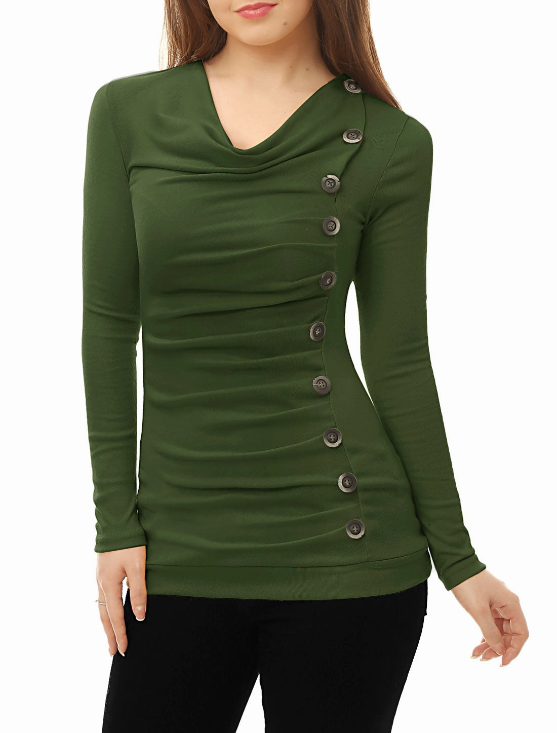Cowl Neck Long Sleeve Button Decor Ruched Tunic