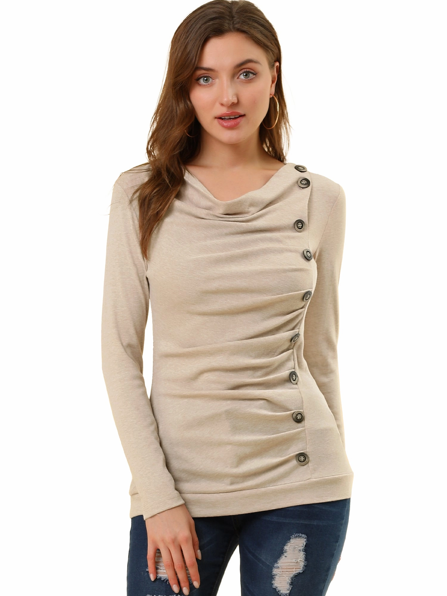 Cowl Neck Long Sleeve Button Decor Ruched Tunic