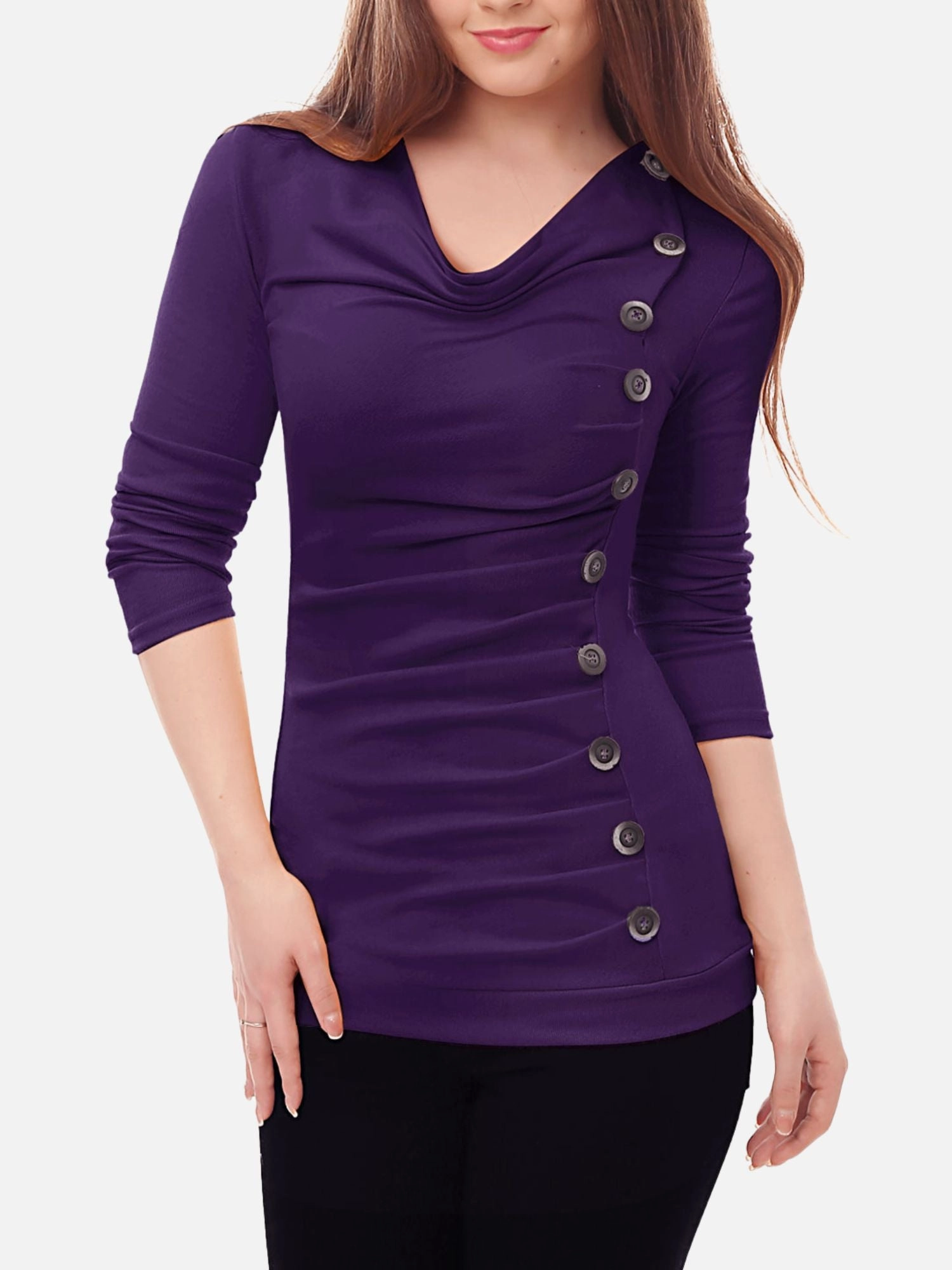 Cowl Neck Long Sleeve Button Decor Ruched Tunic