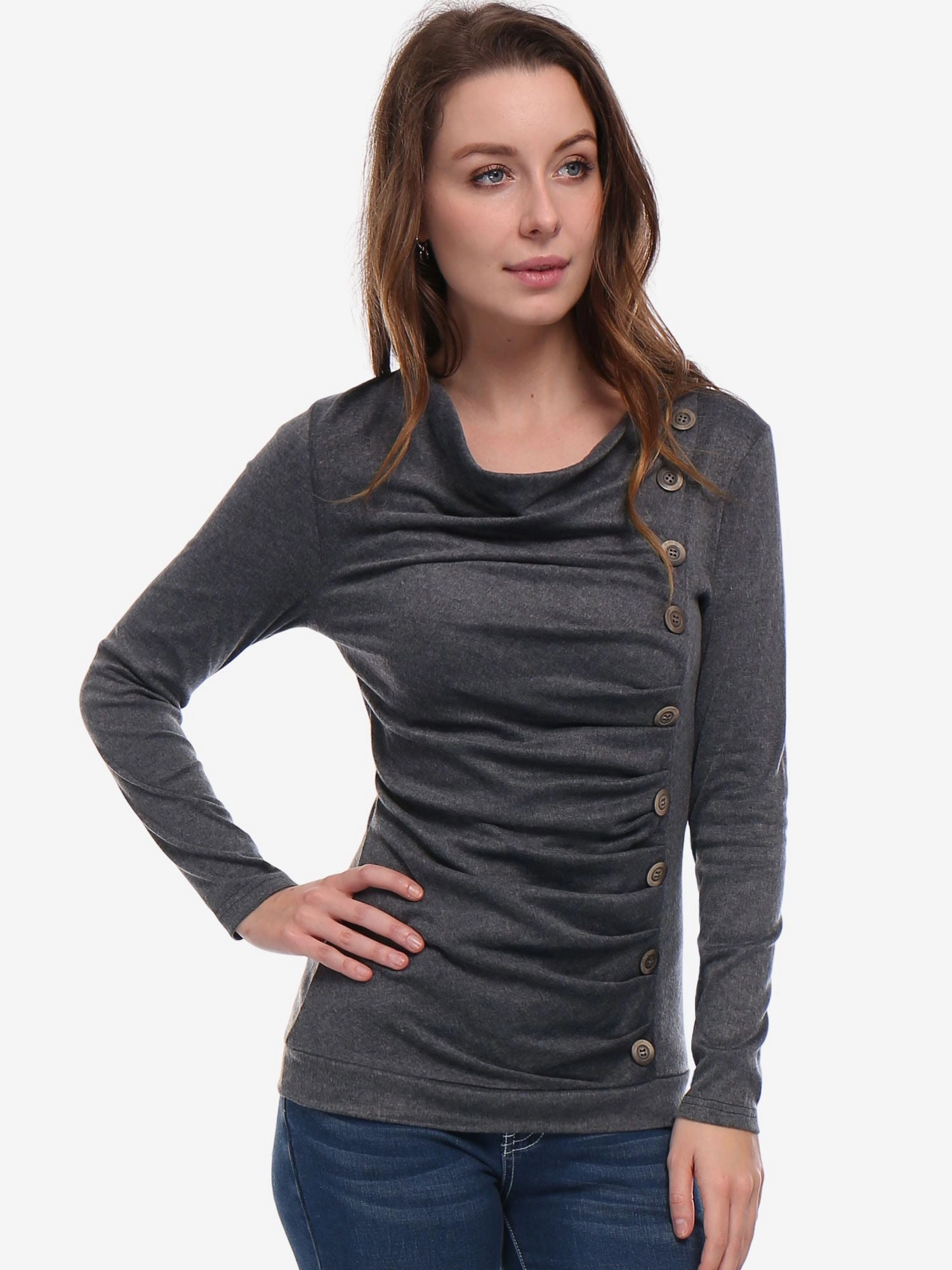 Cowl Neck Long Sleeve Button Decor Ruched Tunic