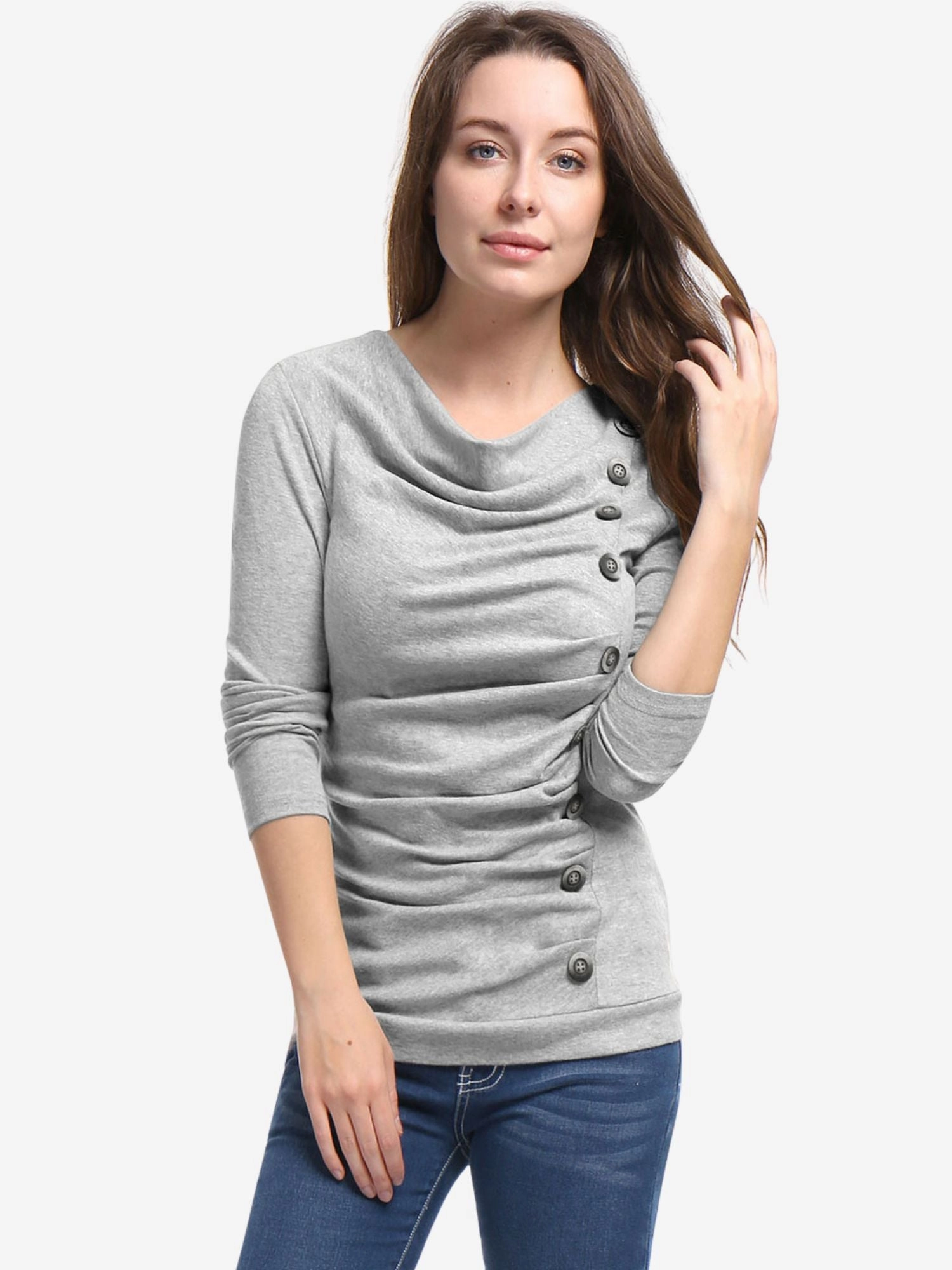 Cowl Neck Long Sleeve Button Decor Ruched Tunic