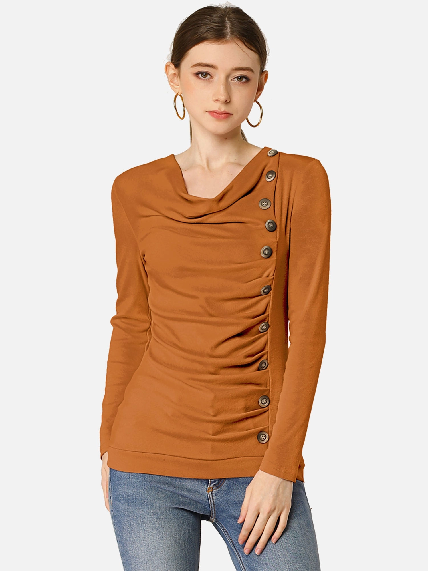 Cowl Neck Long Sleeve Button Decor Ruched Tunic