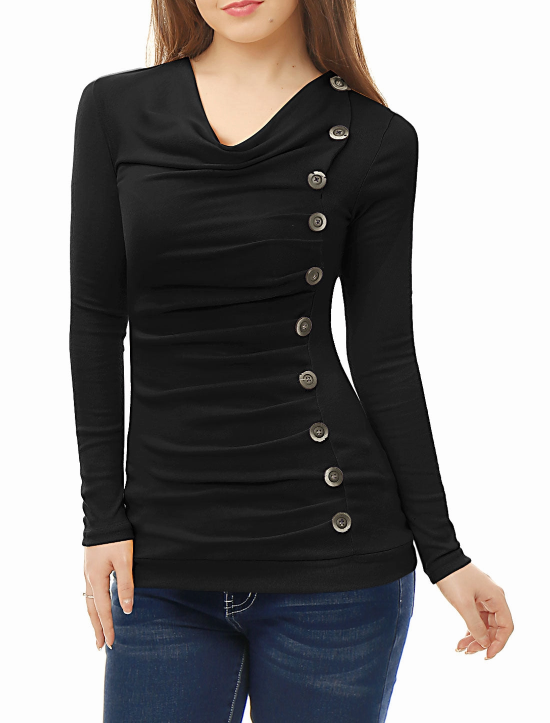 Cowl Neck Long Sleeve Button Decor Ruched Tunic