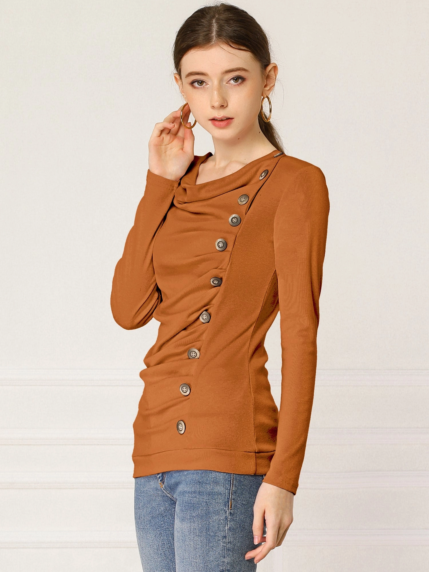 Cowl Neck Long Sleeve Button Decor Ruched Tunic