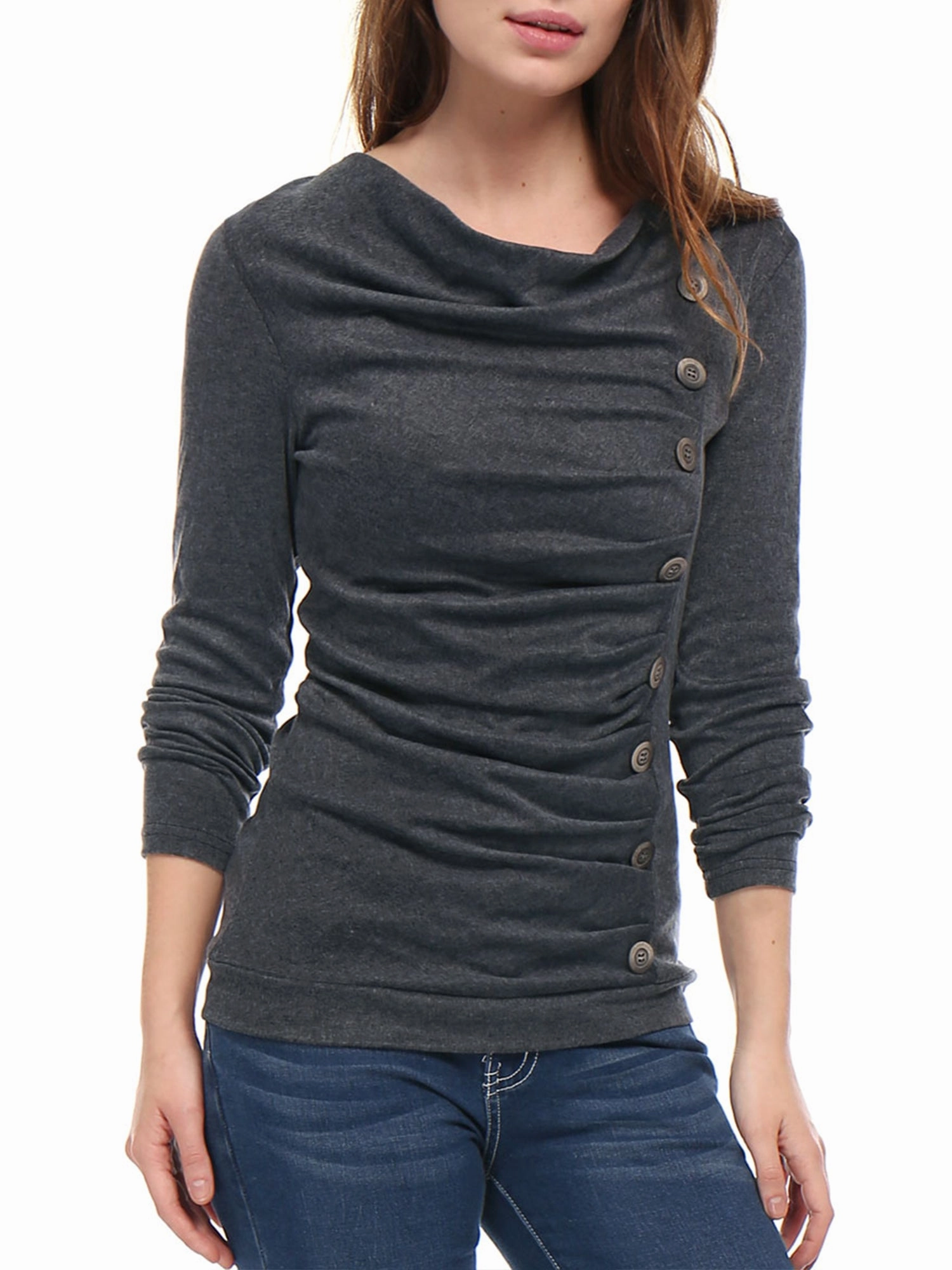 Cowl Neck Long Sleeve Button Decor Ruched Tunic