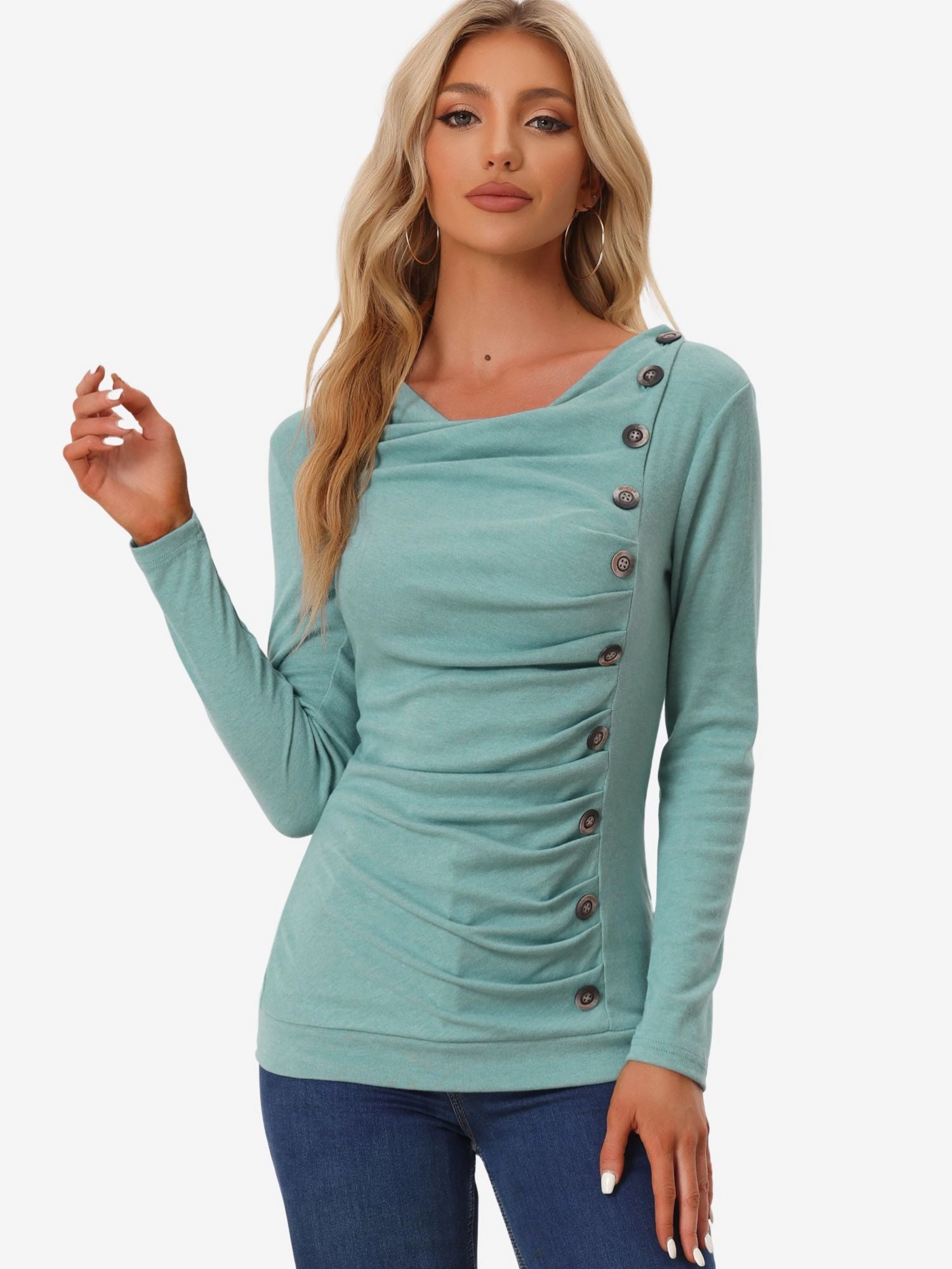 Cowl Neck Long Sleeve Button Decor Ruched Tunic