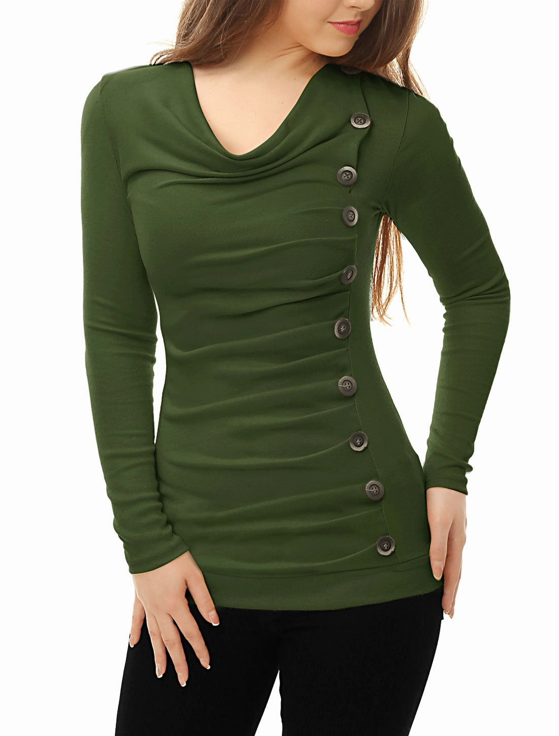 Cowl Neck Long Sleeve Button Decor Ruched Tunic