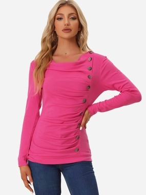 Cowl Neck Long Sleeve Button Decor Ruched Tunic