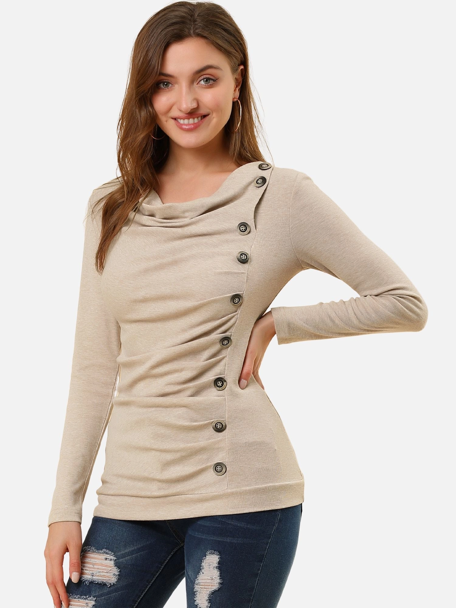 Cowl Neck Long Sleeve Button Decor Ruched Tunic