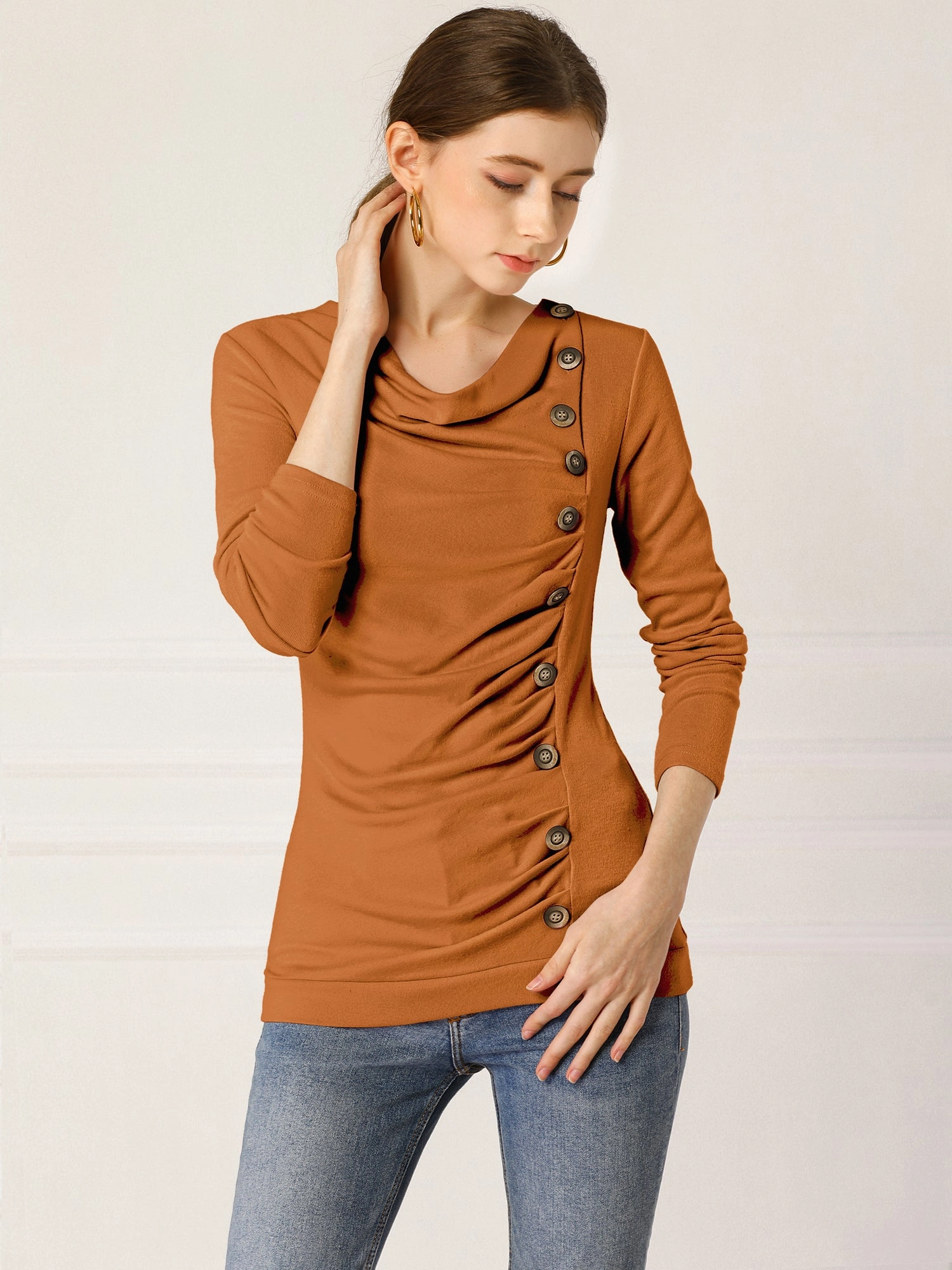 Cowl Neck Long Sleeve Button Decor Ruched Tunic