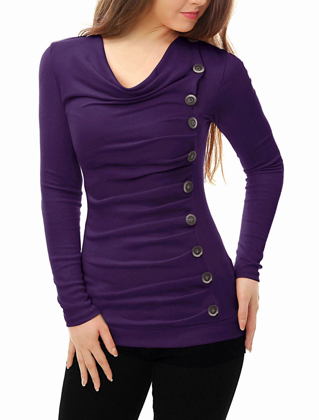 Cowl Neck Long Sleeve Button Decor Ruched Tunic