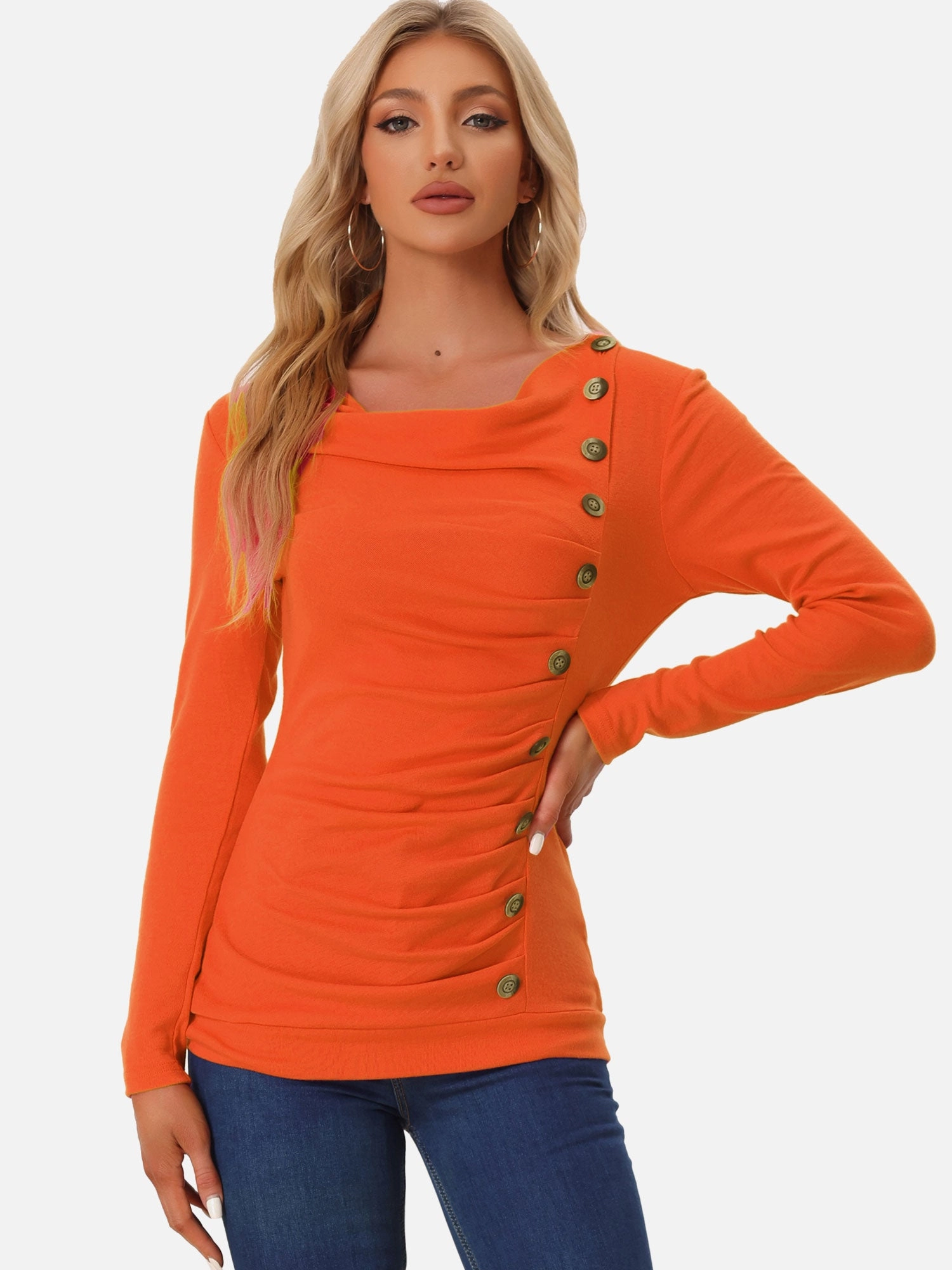 Cowl Neck Long Sleeve Button Decor Ruched Tunic