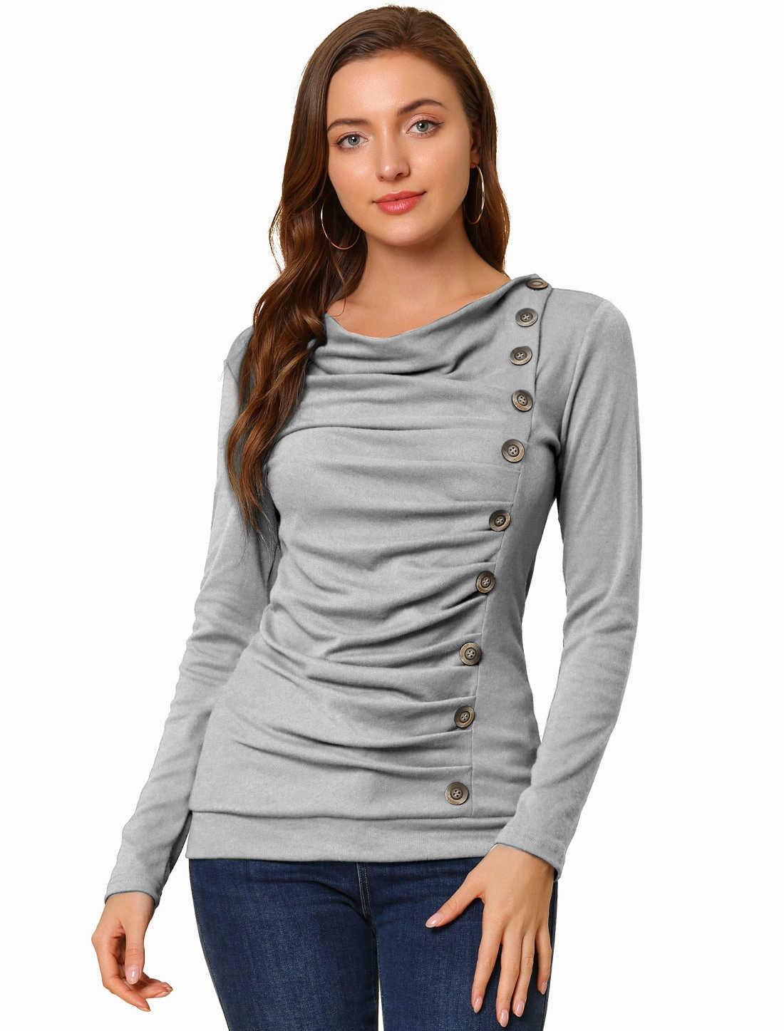 Cowl Neck Long Sleeve Button Decor Ruched Tunic