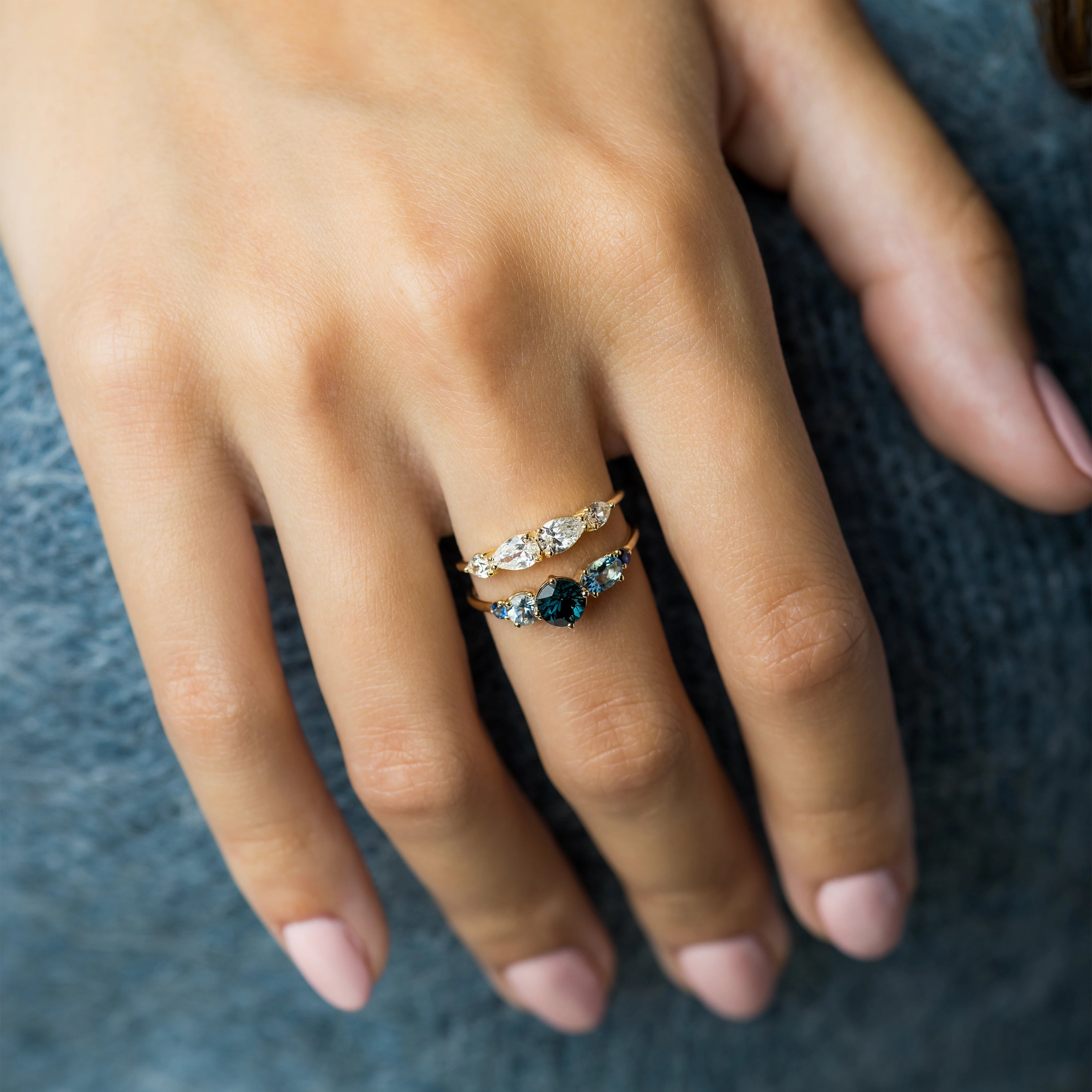 Deep Sea Linear Cluster Ring with Blue Spinel