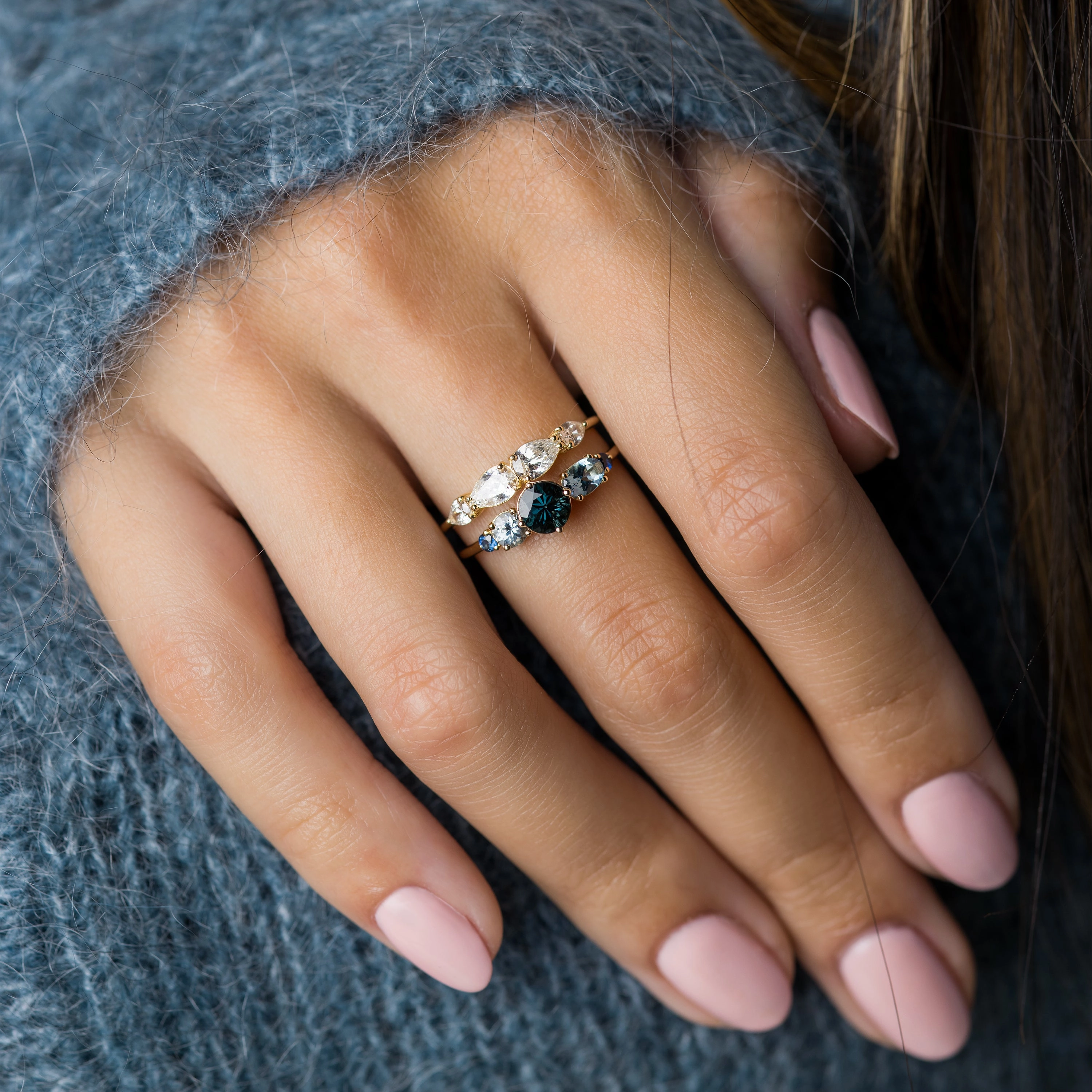 Deep Sea Linear Cluster Ring with Blue Spinel