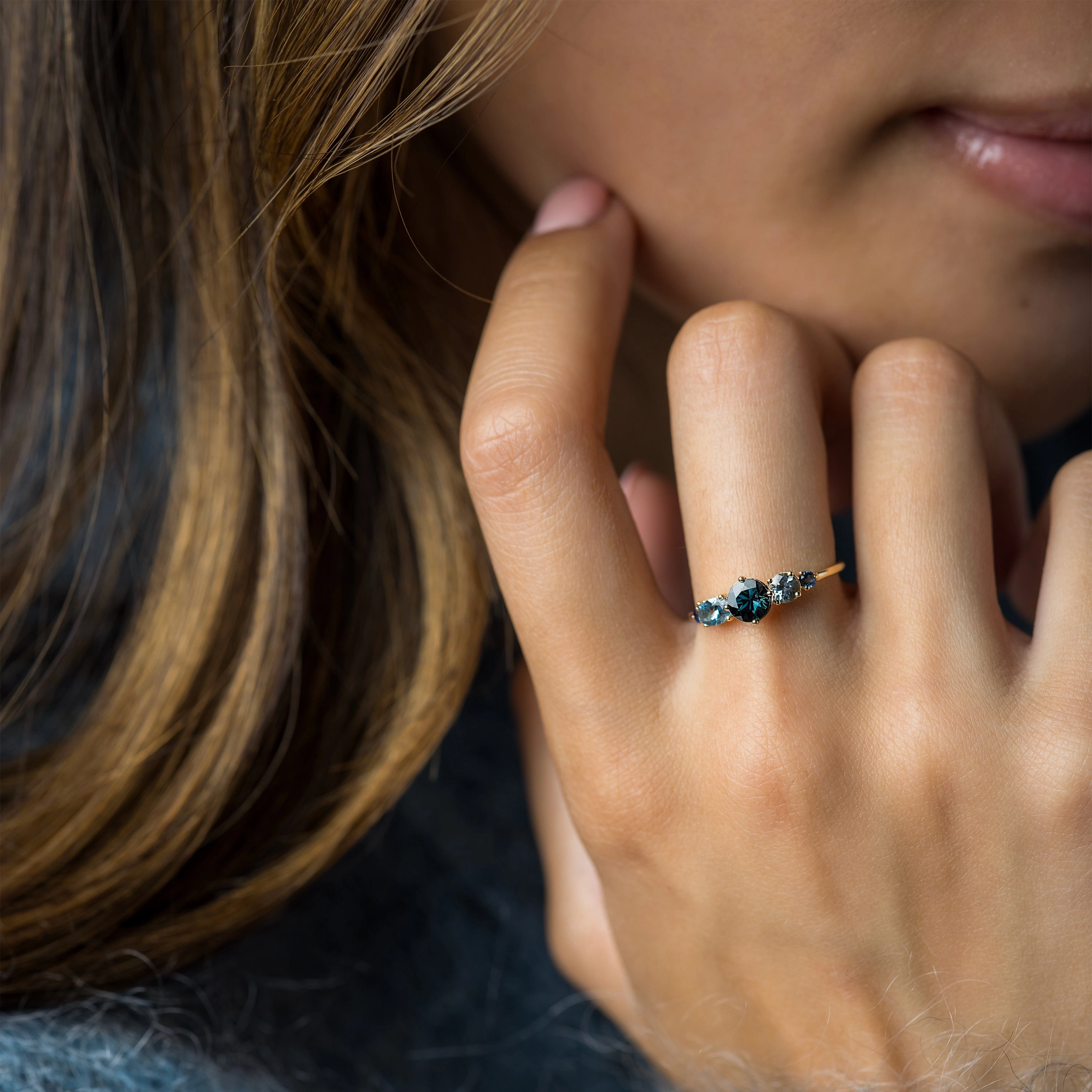 Deep Sea Linear Cluster Ring with Blue Spinel