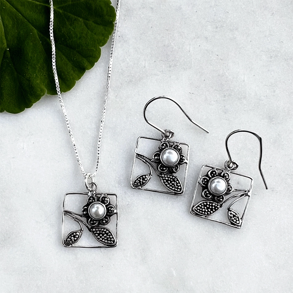 Flower Box Pearl Earrings - Sterling Silver, Indonesia