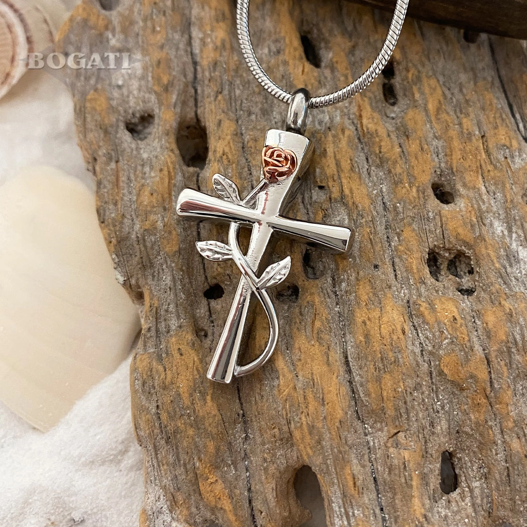 J-610 - Cross with Vine and Rose Flower - Pendant with Chain