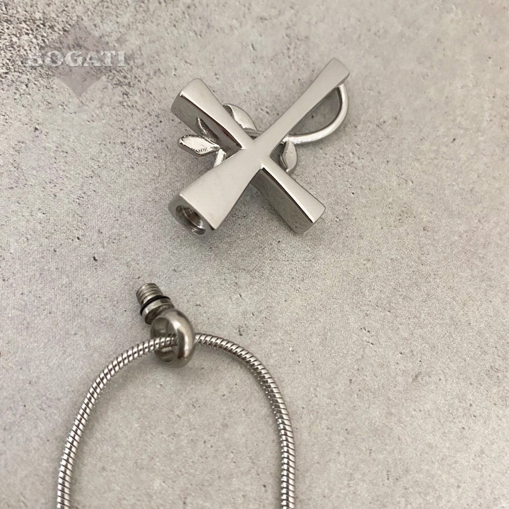 J-610 - Cross with Vine and Rose Flower - Pendant with Chain