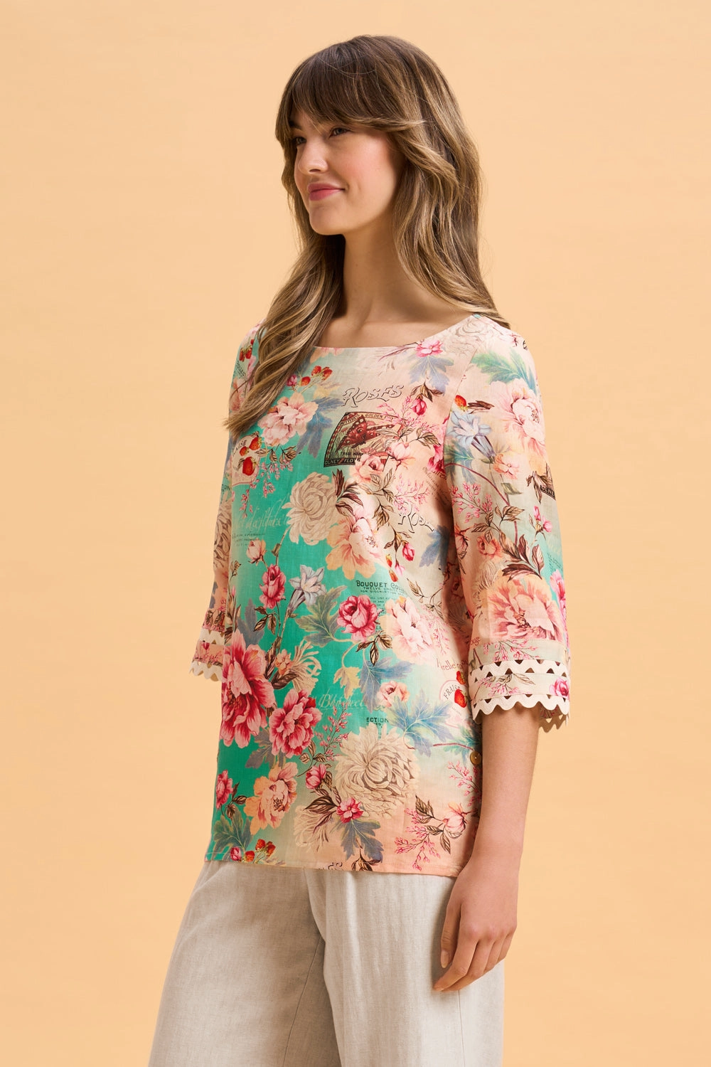 Linen Cuff Detail Top - French Bouquet Print