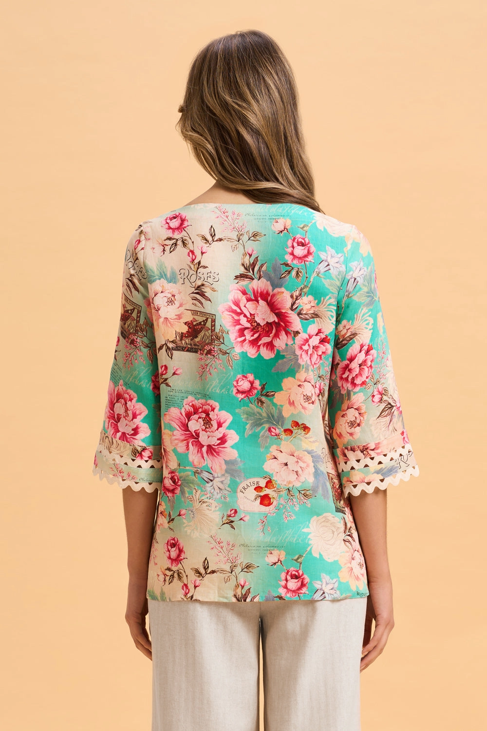 Linen Cuff Detail Top - French Bouquet Print