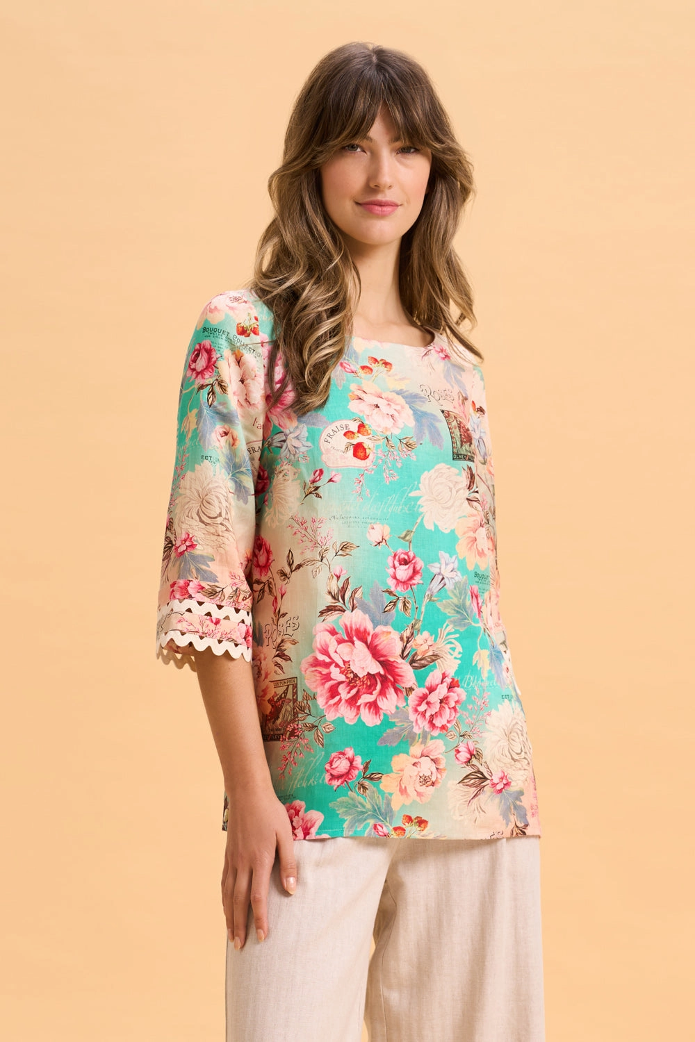 Linen Cuff Detail Top - French Bouquet Print