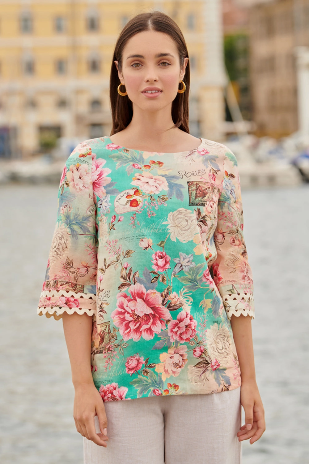 Linen Cuff Detail Top - French Bouquet Print