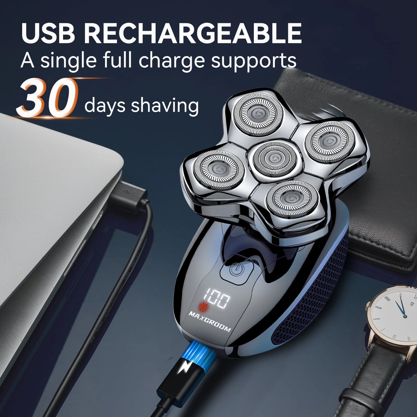 MAXGROOM Wet/Dry Electric Razor 5 in 1 Cordless USB Rechargeable Rotary Shaver Grooming Kit, Head Shaver for Bald Men
