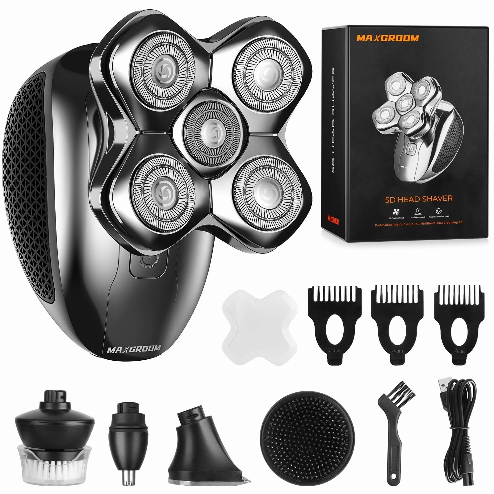 MAXGROOM Wet/Dry Electric Razor 5 in 1 Cordless USB Rechargeable Rotary Shaver Grooming Kit, Head Shaver for Bald Men