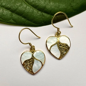 Mother-of-Pearl Heart Earrings - Brass, Indonesia