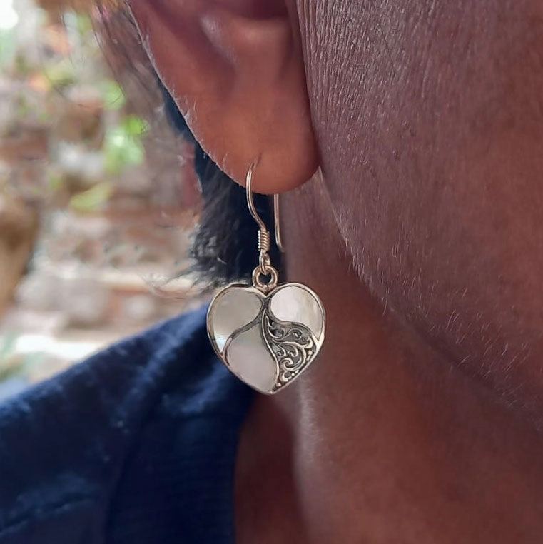 Mother-of-Pearl Heart Earrings - Brass, Indonesia