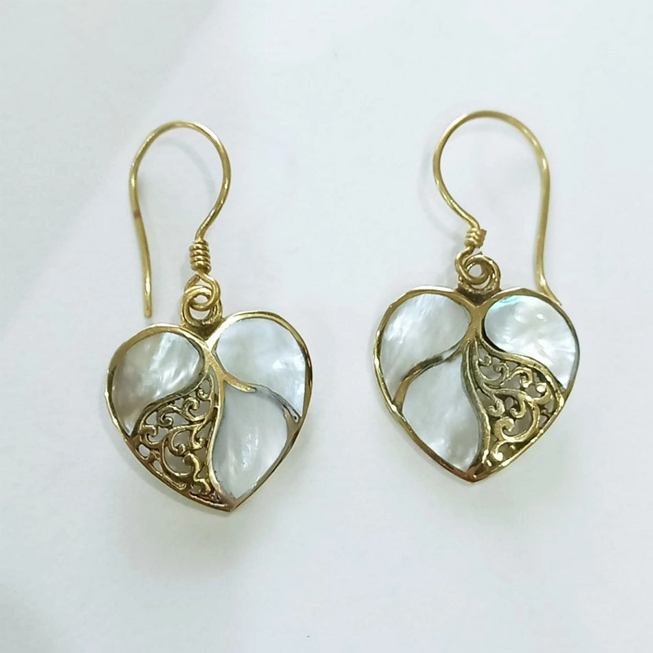 Mother-of-Pearl Heart Earrings - Brass, Indonesia