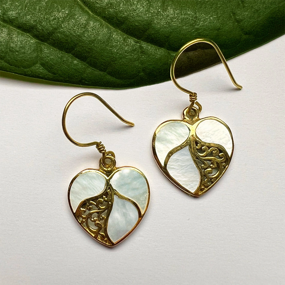 Mother-of-Pearl Heart Earrings - Brass, Indonesia